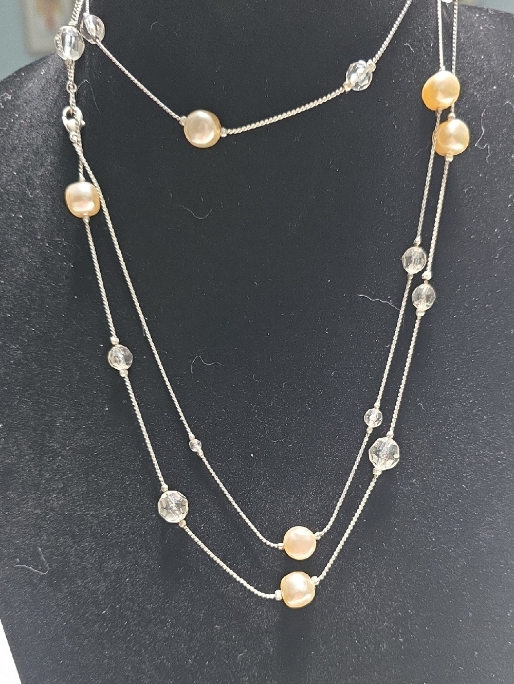Delicate Multi-Strand Necklace with Champagne Pearls and Clear Beads